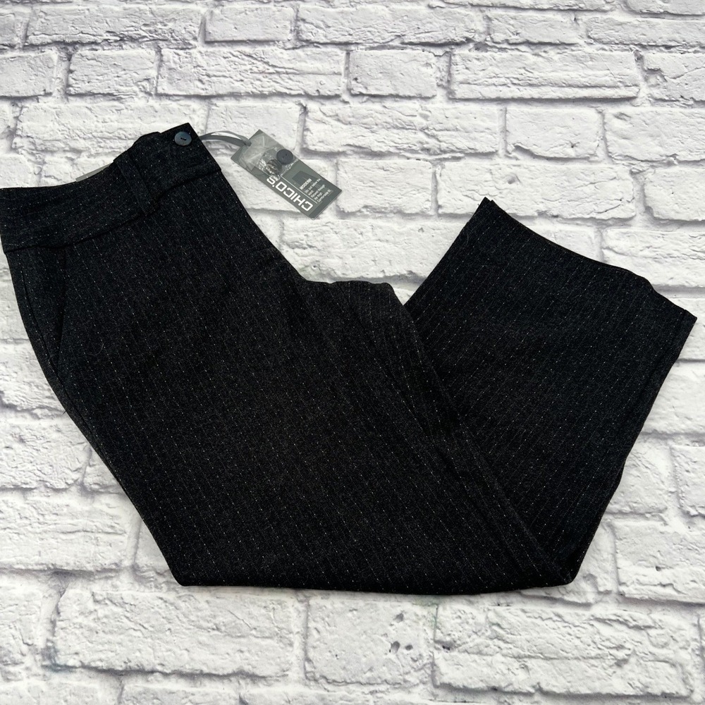 Chicos Supreme Stretch Crop Pants Grey Pinstripe Modern Fit Size 0 XS NEW